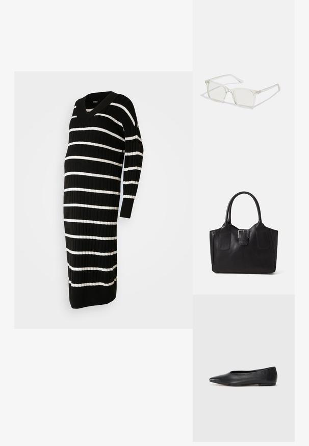 Fekete és fehér csíkos ruha V-nyakkal, bordás textúrával, hosszú ujjakkal és térd alá érő szabással, a kényelem és a jó illeszkedés érdekében tervezve.; Fekete bőr balettcipő, hegyes orral, minimalista dizájn, sima textúra, alacsony sarkú, látható fémrész vagy díszítés nélkül.; Átlátszó műanyag négyzet alakú szemüveg, áttetsző lencsékkel, arany díszítéssel a szárakon a fokozott részletekért.; Fekete bőr bevásárlótáska sima textúrával, strukturált formával, két fogantyúval és egy figyelemfelkeltő ezüst csattal az elején.