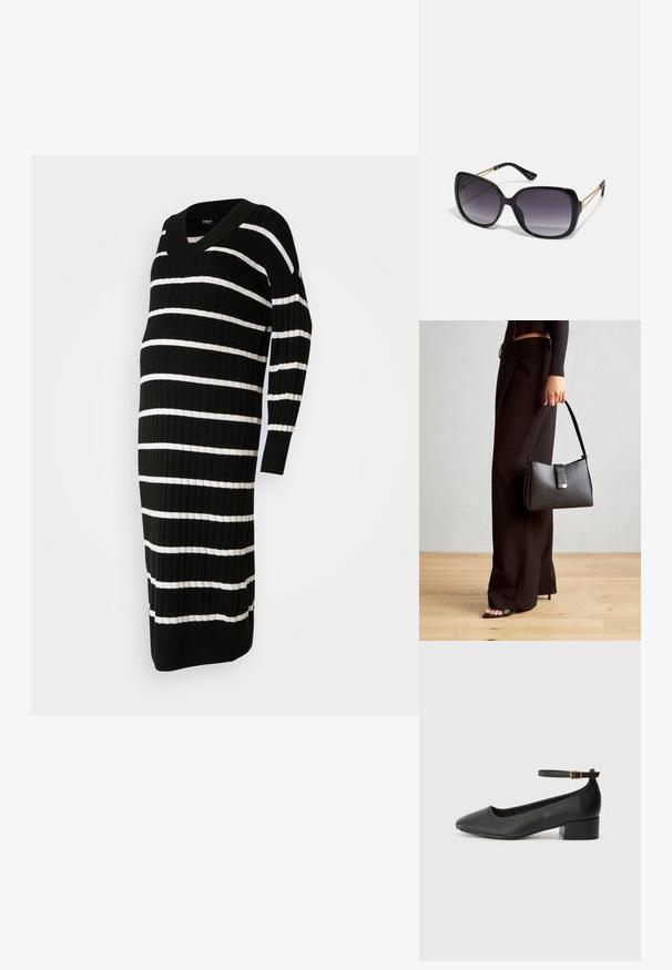 Melnā un baltā slīprainā kleita ar V-veida kakla izgriezumu, ribotu faktūru, garām piedurknēm un līdz ceļiem garu griezumu, izstrādāta ērtībai un piegulšanai.; Melnas ādas sūkņi ar smailu purngalu un zemu bloku papēdi. Iezīmēts ar potītes siksniņu ar zelta krāsas sprādzi. Gluda tekstūra.; Melni pārmērīgi lieli saulesbrilles ar gradāciju lēcām, biezām rāmja malām un zeltainas krāsas ķēžu detaļām uz tempļiem.; Melnā somiņa ar strukturētu formu, gludu tekstūru un metālu sprādzi. Saskaņota ar platām melnām biksēm un sandālēm ar atvērtu purngalu uz koka grīdas.