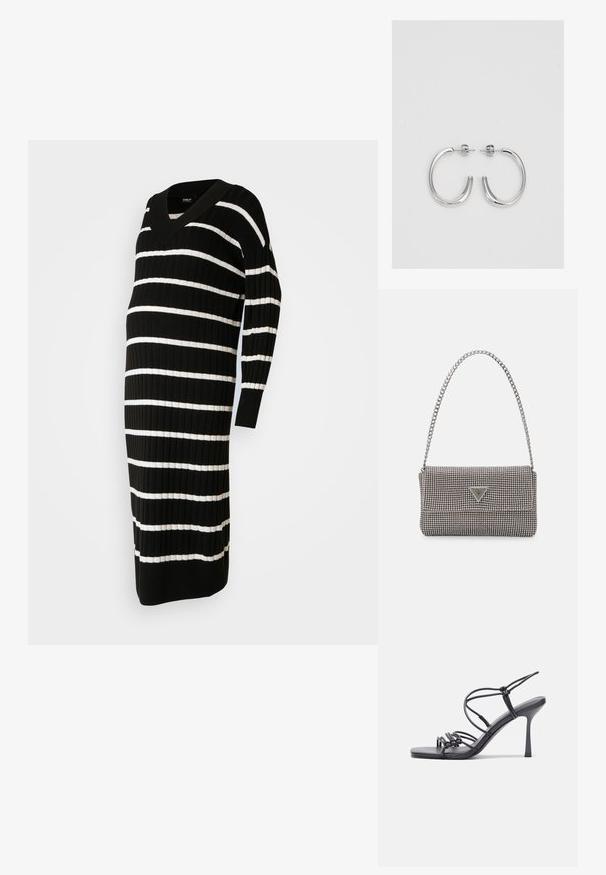 Mustriteksti musta ja valget triibulist kleiti V-kujuline kaelus, ribatud tekstuur, pikad varrukad ja põlvekõrgune lõige, mis on disainitud mugavuseks ja sobivuseks.; Mustad musta värvi kontsandaalid on varustatud peente rihmadega, millel on sõlmekujundus, siledad ruudukujulised varbad ja stiilne stilettokonts.; Helehall metallik handbags, millel on kett, kaunistatud väikeste ümmarguste metallist õmblustega ja kolmnurkse brändi logoga.; Hõbedased rõngaskõrvarõngad, millel on sile ja läikiv pind. Ümar kuju, kerge disain, millel on post-tagumise kinnituse süsteem.