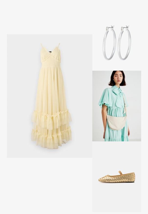 The Kooples ROBE - Freizeitkleid - light yellow; Loeffler Randall LEONIE SOFT BALLET FLAT - Riemchenballerina - gold; Eine cremefarbene Handtasche mit geschwungener Form, weicher Textur und verstellbarem Riemen, getragen über einem hellmintgrünen, rüschenspitzigen Kleid.; Silberne Creolen mit einer glatten, polierten Oberfläche. Runder Form und sicherem Klickverschluss. Leichtes Design, geeignet für den täglichen Gebrauch.