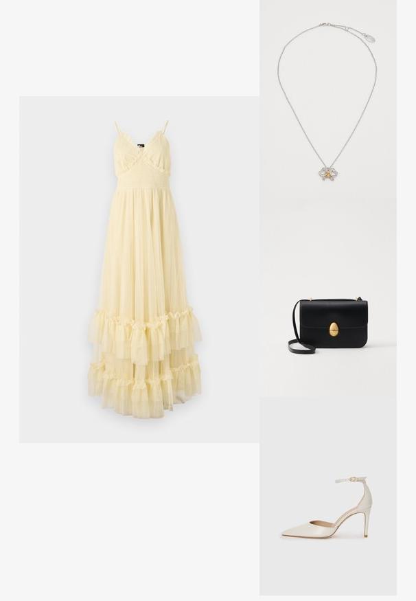 The Kooples ROBE - Freizeitkleid - light yellow; Weiße Leder-Pumps mit spitz zulaufender Zehe, Knöchelriemen und schlanker Stiletto-Absatz. Glatte Oberfläche mit dezent glänzendem Finish.; Schwarze Lederhandtasche mit strukturierter rechteckiger Form. Verfügt über einen goldenen ovalen Verschluss und einen dünnen Schulterriemen. Glatte Textur.; Silberfarbene Kettenhalskette mit einem Schmetterlingsanhänger, der mit klaren Kristallen und einem goldenen Detail in der Mitte verziert ist. Verstellbarer Verschluss auf der Rückseite.