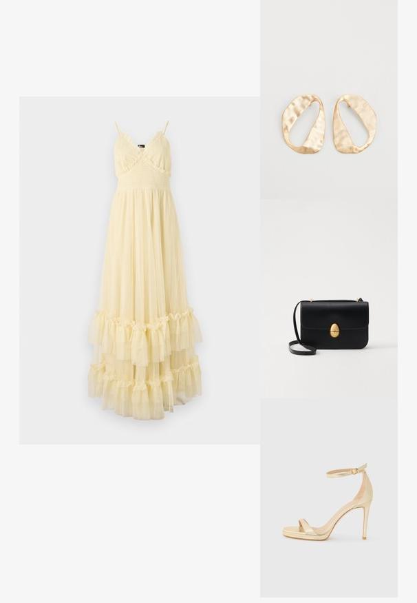 The Kooples ROBE - Robe de jour - light yellow; Sandale à talons hauts en métal doré avec un bout ouvert, une bride à la cheville avec une boucle, et une semelle plate-forme pour plus de hauteur. Texture lisse.; Sac à main en cuir noir avec une forme rectangulaire structurée. Équipé d'un fermoir ovale doré et d'une fine bandoulière. Texture lisse.; Une paire de boucles d'oreilles en métal doré, de forme ovales irrégulières, avec une surface texturée et légèrement martelée sur fond blanc.