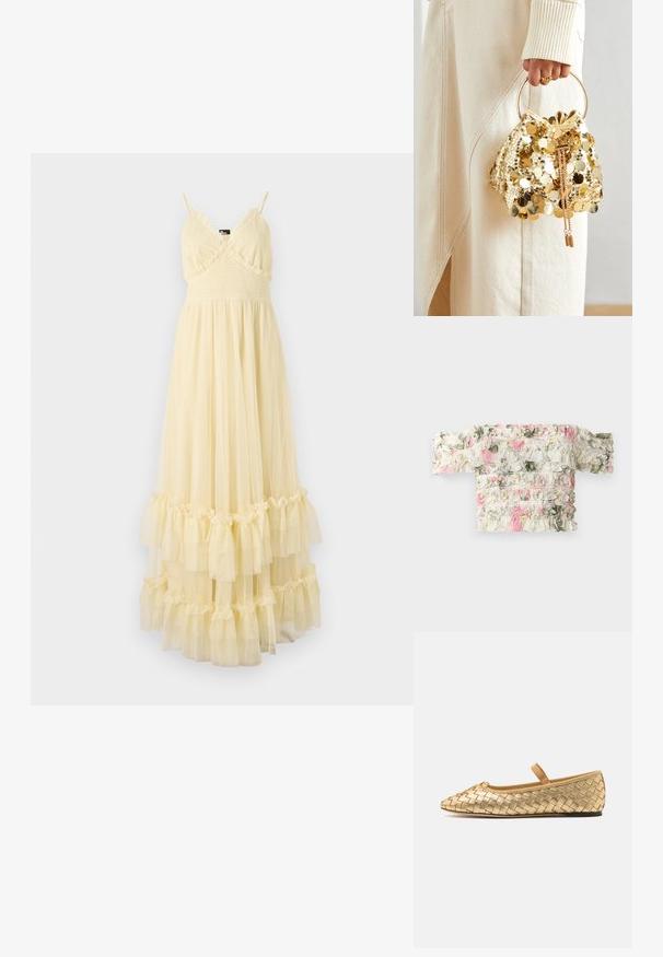 The Kooples ROBE - Dnevna obleka - light yellow; Cvečni top brez naramnic v beli barvi z rožnatimi in zelenimi valovitimi vzorci. Ima rahlo elastično tkanino za prilegač videz.; Loeffler Randall LEONIE SOFT BALLET FLAT - Balerinke s paščkom - gold; Zlatna torba s cirkonima na povlačenje s kružnom drškom, koja sadrži sjajne okrugle cirkone i teksturiranu tkaninu. Dimenzije nisu navedene.