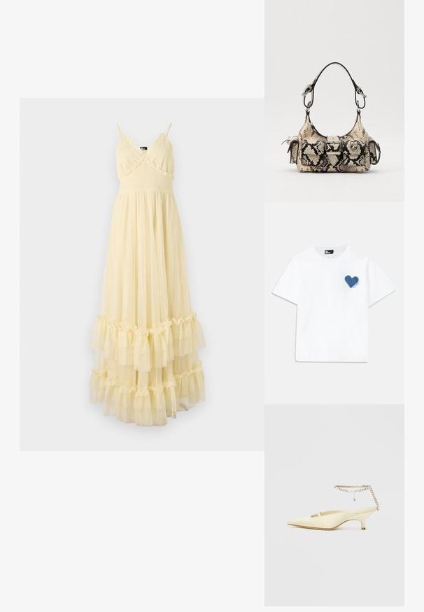 The Kooples ROBE - Jurk - light yellow; Witte katoenen t-shirt met korte mouwen en een ronde halslijn. Heeft een blauwe denim hartpatch op de linkerborst met tekst daaronder.; Puntige, gele satijnen slingback schoen met een lage hak en een decoratieve enkelriem met ketting, voorzien van rhinestones. Soepele textuur, minimalistisch ontwerp.; Python-print handtas in beige en zwart, met een gestructureerde vorm, gespdetail en dubbele schouderbanden. Gestructureerd oppervlak.