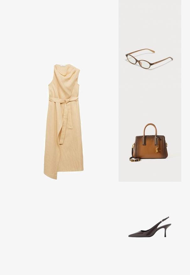 Mango Vardagsklänning - sand; Spetsig tå slingback-klackar i mörkbrunt lackskinn, med en smal hög klack och en justerbar vristrem med spänne.; Bruna sköldpaddsformade glasögon med ovala linser, tunna skalmar och transparanta detaljer. Innehåller en diskret logotyp på bågen. Snygg, lätt design.; Brun läderhandväska med dubbla handtag, avtagbar axelrem, guldfärgade detaljer och en dekorativ charm med bokstäverna "MK."