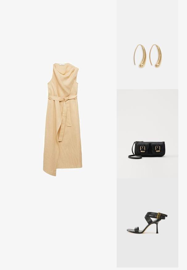 Mango Dnevna haljina - sand; Crne sandale s petom sa preklapanim trakama i podesivim kopčanjem. Imaju glatku teksturu i suženi stiletto potplat.; Crna kožna torba preko ramena s dva prednja džepa, zlatnim kopčama, zatvaranjem na zip i uskim remenom. Teksturirana površina i kompaktan pravokutan oblik.; Zlatne metalne naušnice u obliku obruča s zakrivljenim, izduženim oblikom. Imaju glatku, sjajnu površinu i zaobljeni vrh za dodatni detalj.