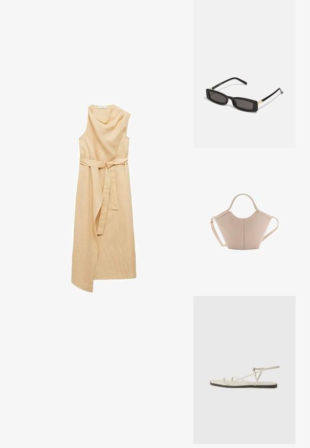 Mango Vapaa-ajan mekko - sand; Beige litte sandaalit, joissa on useita hoikkia hihnoja ja säädettävä solki. Pohja on litteä, ja reunassa on kevyt tumma kontrasti.; Mustat suorakulmion muotoiset aurinkolasit tummilla linsseillä, kiiltävillä muovikehyksillä ja kultaisilla yksityiskohdilla temppeleissä. Minimalistinen muotoilu ja virtaviivainen malli.; Vaaleanbeige nahkainen käsilaukku, jossa on ainutlaatuinen muoto, varustettuna kahdella lyhyellä kahvalla ja yhdellä pitkällä säädettävällä hihnalla. Sujuva pinta ja vähän metalliosia.