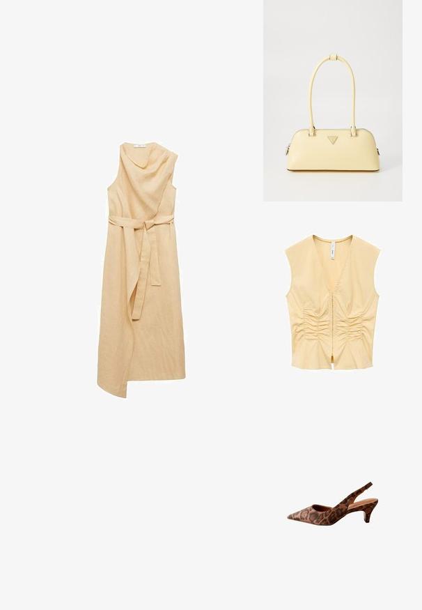 Mango Rochie de zi - sand; Top galben fără mâneci cu decolteu în V, având detalii pliate pe partea din față pentru textură. Țesătură netedă cu o siluetă slim.; Pantofi cu toc slingback cu model de leopard, vârful ascuțit, toc mic și textură netedă. Prezintă un design decupat pe laterale și în spate.; Geantă din piele patentasă galbenă, cu o formă rotunjită, cu un singur mânere superior și un placaj cu logo argintiu. Are un închidere cu fermoar și o textură netedă.