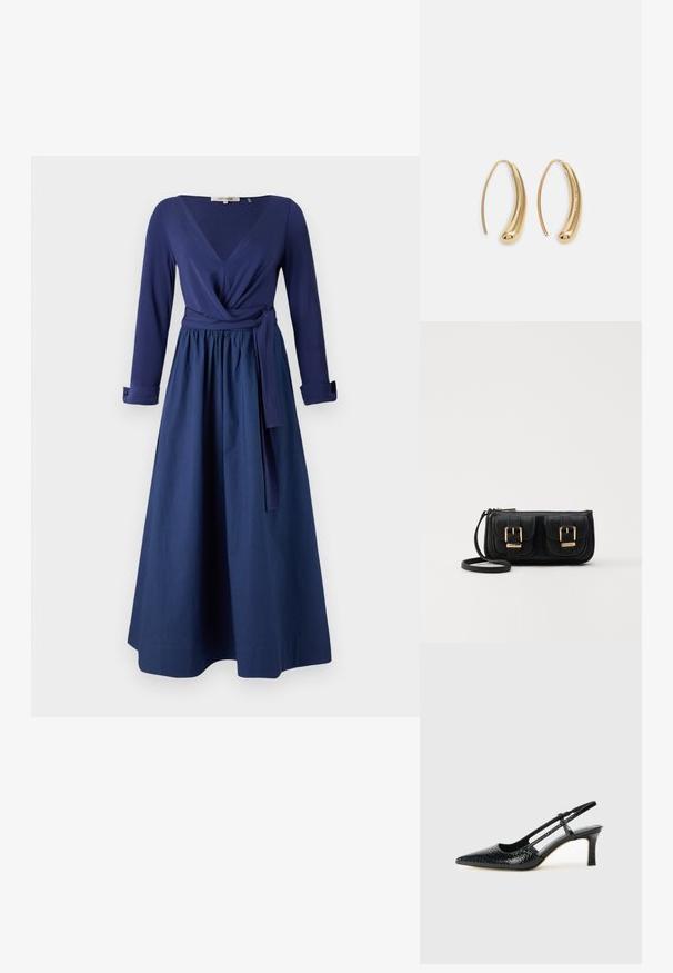 Tamsiai mėlyna suknelė su ilgomis rankovėmis, V formos iškirptė, apvyniota dizaino ir diržo juosmens. Srovenanti sijonas su glotnia tekstūra.; Juodai lakuoti slingback aukštakulniai su smailiu nosiu, su tekstūruotu gyvatės raštu, reguliuojama juosta ir trumpu, tekstūruotu blokiniu kulnu.; Juodas odinis per petį nešiojamas krepšys su dviem priekiniais kišenėmis, auksiniais sagtimis, užtrauktuko uždarymu ir siauromis petnešomis. Textūruota paviršius ir kompaktiškas stačiakampis formatas.; Auksinės metalinės auskarų kabės su lenktą, pailgą forma. Turi lygų, blizgantį paviršių ir užapvalintą galiuką papildomam akcentui.