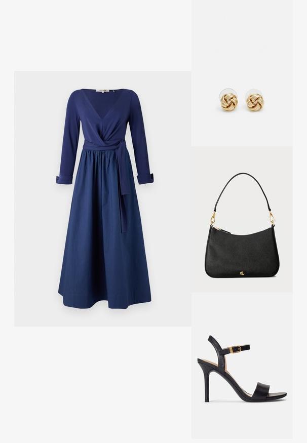 Tummansininen mekko, jossa on pitkät hihat, V-pääntie, kääntödesign ja vyötäröllä vyö. Valuva hame, jolla on sileä pinta.; Mustat korkokengät, joissa on sileä nahkapinta, avoin kärki ja yksinkertainen hihnadesigni kultabucklella.; Musta nahkainen käsilaukku, jossa on jämäkkä muotoilu, vetoketjusuljenta, irrotettava olkahihna ja kultaiset yksityiskohdat.; Kultaketjut korvakorut, joissa on kierretystä muotoilusta valmistettu solmu. Jokaisessa korvassa on pyöreä, kirkas tausta varman käyttömukavuuden takaamiseksi.