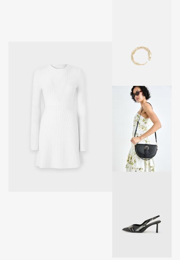 Valge ribidega kleit, millel on pikad varrukad, ümar kaelus, kohandatud siluett ja laienev äär, kus on vertikaalsed ja diagonaalsed ribide muster.; Must musta nahk kingad sanga ja terava ninaga, ankle strapidega, millel on hõbedased pandlad ja riistvara ning õhuke konts.; Mustmust mustraha kõverate joontega, eemaldatava rihmaga ja kuldsete detailidega. Kotil on klapp, millel on pandladetail.; Kuldtoonis sõrmus, millel on orgaaniline, keerdunud disain sileda tekstuuri ja kitsenevate otstega, luues kaasaegse skulptuurilise välimuse.