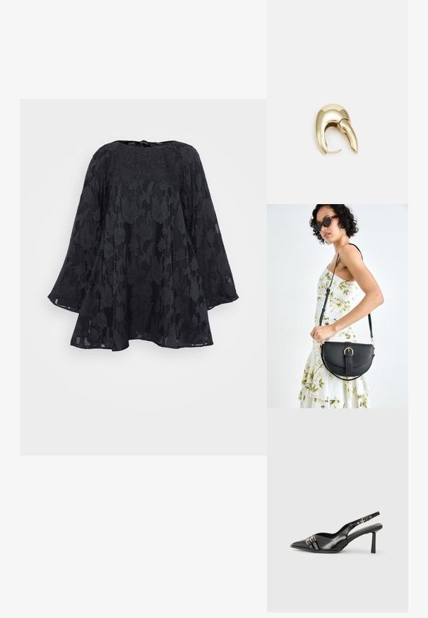 Gina Tricot Petite FLOWY DRESS - Cocktailkjole - black; Sorte patentlær slingback-sko med spiss tå, ankelremmer med sølvspenner og detaljer, og en slank hæl.; Svart lærveske med en buet form, avtagbar stropp og gullbeslag. Vesken har et klaff med spenne-detall.; Gullfarget metalløredobber med et elegant, buet design. Har en karakteristisk spiss form, polert overflate og hengsel-lukking.