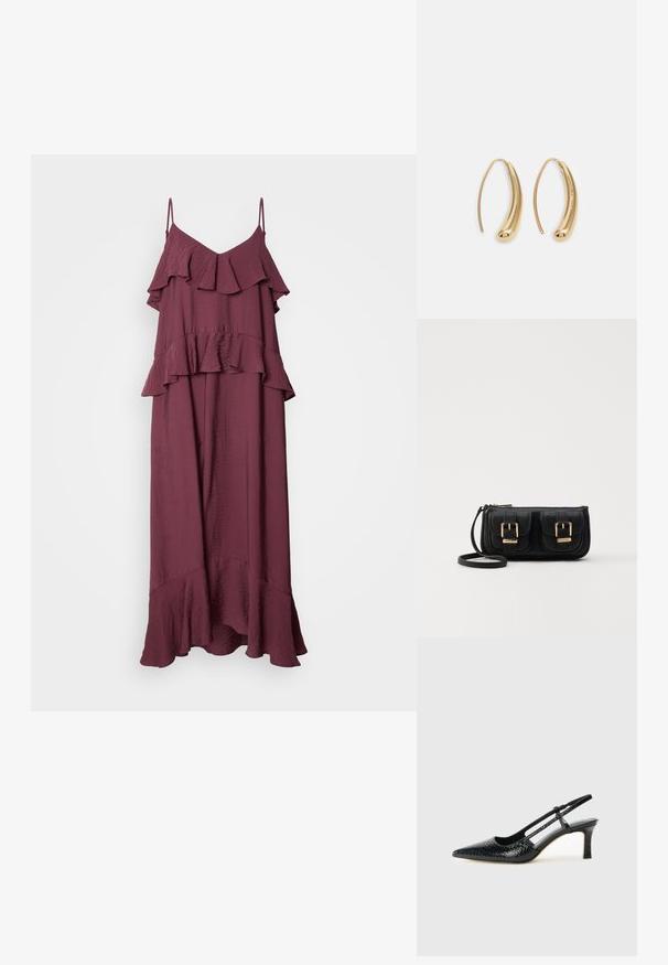 Burgundijska maksi haljina s podesivim trakama. Ima višeslojni volanasti dizajn i rašireni rub, izrađena je od lagane, teksturirane tkanine.; Crne lakirane slingback pete s oštrim vrhom, s teksturiranim uzorkom zmijske kože, podesivom remenom i kratkom, teksturiranom blok-petom.; Crna kožna torba preko ramena s dva prednja džepa, zlatnim kopčama, zatvaranjem na zip i uskim remenom. Teksturirana površina i kompaktan pravokutan oblik.; Zlatne metalne naušnice u obliku obruča s zakrivljenim, izduženim oblikom. Imaju glatku, sjajnu površinu i zaobljeni vrh za dodatni detalj.
