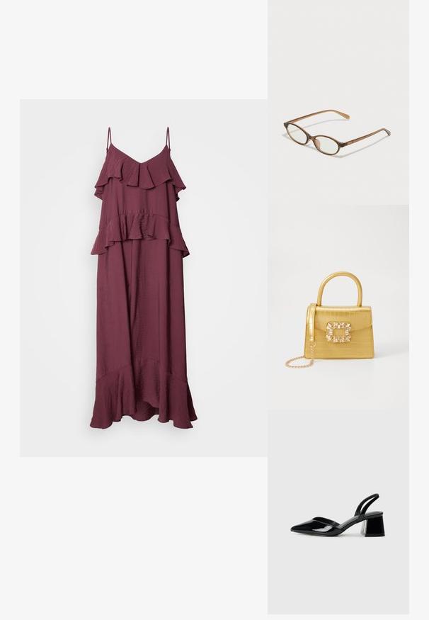 Bordeaux-maxikleid mit verstellbaren Spaghetti-Trägern. Besonderheiten sind das mehrlagige Rüschendesign und der ausgestellte Saum, gefertigt aus leichtem, strukturiertem Stoff.; Schwarze Lackleder-Slingback-High Heels mit spitzem Schuh und einem geometrischen Blockabsatz. Verfügt über ein schlankes, minimalistisches Design und eine glatte Textur.; Braune Schildpatt-Brille mit ovalen Gläsern, dünnen Bügeln und transparenten Akzenten. Verfügt über ein dezentes Logo am Bügel. Elegantes, leichtes Design.; Gelbe Kunstleder-Handtasche im Krokodil-Look mit strukturiertem Design, Obergriff, abnehmbarem Kettenriemen und dekorativer Kristallverzierung am Verschluss.