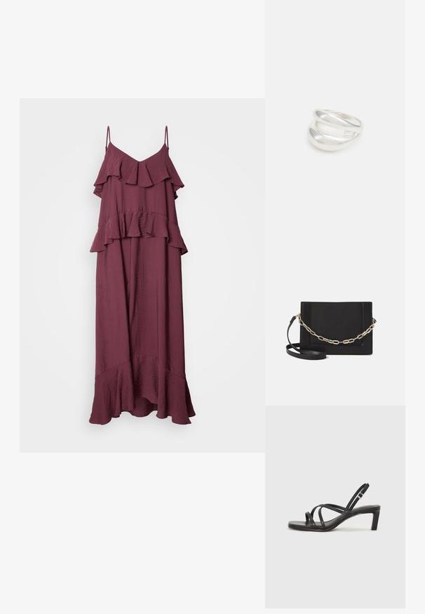 Bordeaux-maxikleid mit verstellbaren Spaghetti-Trägern. Besonderheiten sind das mehrlagige Rüschendesign und der ausgestellte Saum, gefertigt aus leichtem, strukturiertem Stoff.; Schwarze Sandale mit Riemchen, quadratischer Zehenform und niedrigem Blockabsatz. Verfügt über mehrere dünne Riemen und einen verstellbaren Knöchelriemen. Hergestellt aus glattem Leder.; Schwarze Leder-Crossbody-Tasche mit glatter Textur, rechteckiger Form und metallic-kettendetail auf der Vorderseite. Verstellbarer Gurt inklusive.; Silberner Doppelring mit einer glatten, polierten Oberfläche. Verfügt über ein fließendes, kurviges Design mit überlappenden Abschnitten für einen modernen Look.