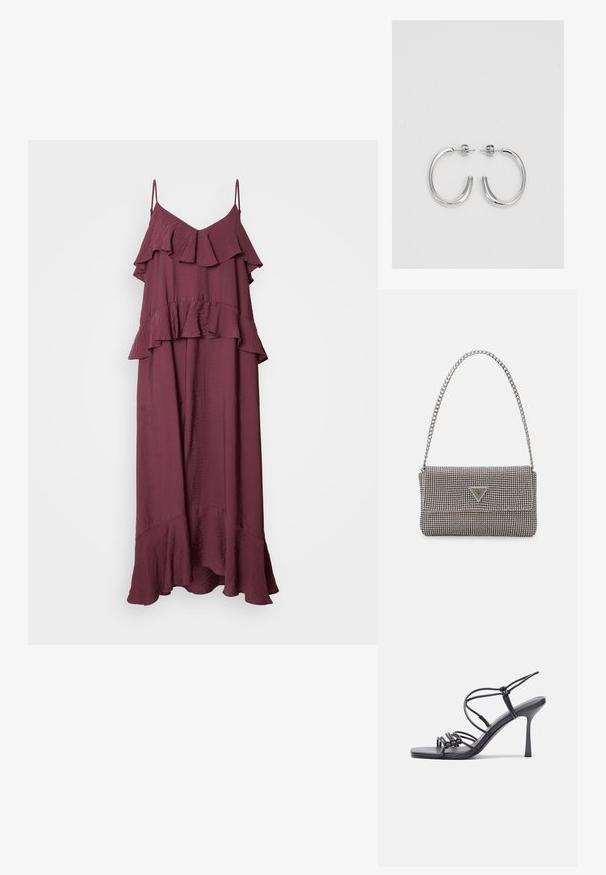 Burgundia maxi kleit reguleeritavate õhukeste rihmadega. Omab kihilisi volangide detaile ja lehvivat põhi, valmistatud kergest, tekstuuritud kangast.; Mustad musta värvi kontsandaalid on varustatud peente rihmadega, millel on sõlmekujundus, siledad ruudukujulised varbad ja stiilne stilettokonts.; Helehall metallik handbags, millel on kett, kaunistatud väikeste ümmarguste metallist õmblustega ja kolmnurkse brändi logoga.; Hõbedased rõngaskõrvarõngad, millel on sile ja läikiv pind. Ümar kuju, kerge disain, millel on post-tagumise kinnituse süsteem.