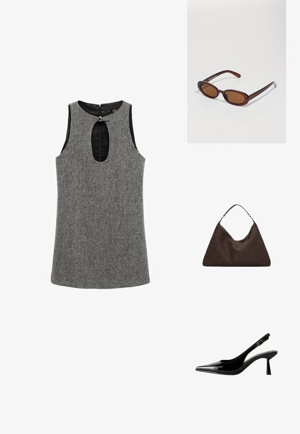 Mango Cocktailklänning - grey; Svart lackläder slingback pumps med spetsig tå, urklippta sidor, justerbart vristband och en tunn, elegant klack.; Runda, bruntonade solglasögon med en glansig bordeauxfärgad ram. Smala bågar med subtilt varumärkesdetalj. Platt linsdesign.; Brun vävd läderhandväska med en slapp, triangulär form. Har ett flätat handtag och en dragkedjestängning längs toppen.