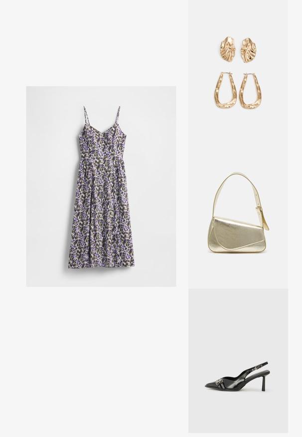 Cvečni midi obleko s tankimi naramnicami, ki prikazuje mešanico vijoličnih, belih in zelenih cvetov na svetlem ozadju. Nabran pas in padajoča krilna kroja.; Črne patentne usnjene sandale s koničastim nosom, zankami okoli gležnja s srebrnimi sponkami in opremo ter vitkimi petami.; Zlata metalna torbica z urejenim dizajnom, gladko teksturo in nastavljivim trakom. Ima edinstveno trikotno obliko in minimalistično šivanje.; Zlato obarvani uhani z teksturiranimi, valovitimi oblikami. Vključujejo skulpturalne sponke za ušesa in odprto obliko obročka s kladivastim finišem.