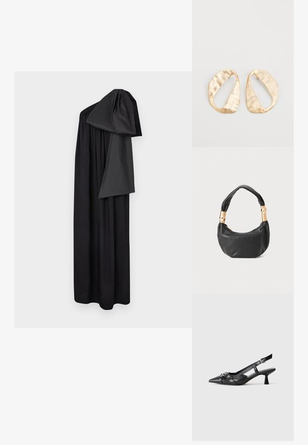 Czarna sukienka z odkrytymi ramionami, charakteryzująca się marszczonym materiałem i luźnym, swobodnym krojem. Wykonana z lekkiej tkaniny z opadającym rękawem.; Czarne skórzane buty typu slingback z ostrym noskiem, ozdobnymi paskami z metalowymi oczkami oraz niskim klinowym obcasem. Teksturowana powierzchnia.; Czarna skórzana torebka o okrągłym kształcie, miękkiej fakturze i wiązanym uchwycie z akcentami w złotym odcieniu. Zamek błyskawiczny.; Para nieregularnych, owalnych kolczyków ze złotego metalu o teksturowanej, lekko młotkowanej powierzchni na białym tle.