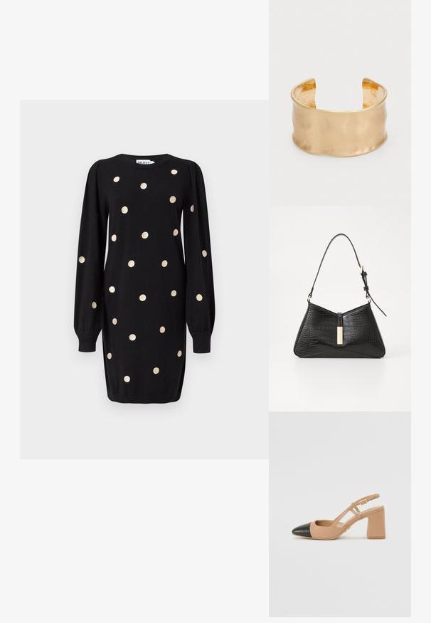 Robe noire à manches longues avec des pois dorés, des poignets côtelés et un col rond, présentée sur un fond gris clair uni.; Chaussure slingback beige avec un bout noir, un talon carré haut et deux accents de sangle, fabriquée en matière lisse.; Sac à main noir en matériau imitation croco, doté d'une forme triangulaire, d'une fine sangle pour l'épaule et d'un accent en métal doré au centre.; Bracelet à manche doré avec une surface lisse et ondulée, présentant un intérieur texturé et un design ouvert, créant une forme organique.