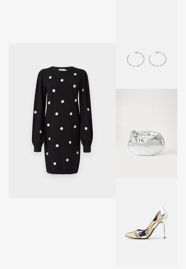 Black long-sleeve dress with gold polka dots, ribbed cuffs, and a round neckline, displayed on a plain light gray background.; Pointed-toe high heel shoe with a silver, gold, and nude color scheme. Glossy finish with cutout design, featuring a stiletto heel.; Silver metallic pouch bag with a soft, rounded shape and a knotted top closure. Made from smooth faux leather material.; Silver hoop earrings with a twisted design, featuring a polished finish and post-back closure. Measure approximately 3 cm in diameter.