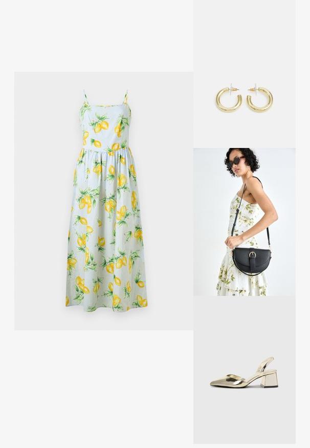 Svetlo modra maksi obleka z rumenim motivom limon, opremljena z naramnicami, prilegajočim zgornjim delom in razširjenim krilom. Bombažna tkanina.; Zlati, kovinski slingback čeveljci z ostrim nosom in masivnim peto. Gladka tekstura, minimalistična zasnova in ozka zanka.; Črna usnjena torbica s ukrivljeno obliko, z odstranljivo naramnico in zlatimi dodatki. Torbica ima pokrov s podrobnostmi v obliki zaponke.; Zlate uhane v obliki obročkov z gladko, sijočo površino. Krožna zasnova s majhnim nosilcem in prozornim podplatom za varno nošenje.