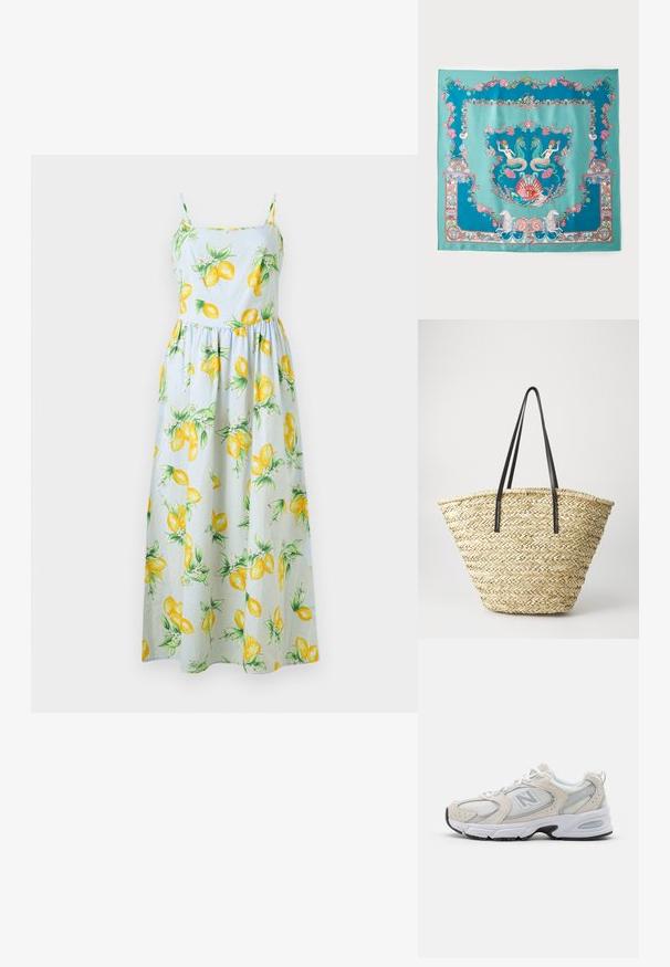Hellblaues Maxikleid mit gelbem Zitronenprint, mit Spaghettiträgern, einem taillierten Oberteil und einem ausgestellten Rock. Aus Baumwollstoff.; Sportlicher Schuh mit einem hellgrauen Mesh-Obermaterial und Wildlederakzenten, weißen Schnürsenkeln und einer schwarzen Gummisohle. Auffälliges ABZORB-Dämpfungselement.; Türkisfarbener Seidenschal mit komplizierten maritimen Motiven, darunter Meerjungfrauen, Muscheln und Korallen, eingerahmt von einem dekorativen Rand.; Geflochtene Strohtasche in breiter, sich verjüngender Form mit zwei schwarzen Ledergriffen. Natürliche beige Farbe mit strukturierter Oberfläche.