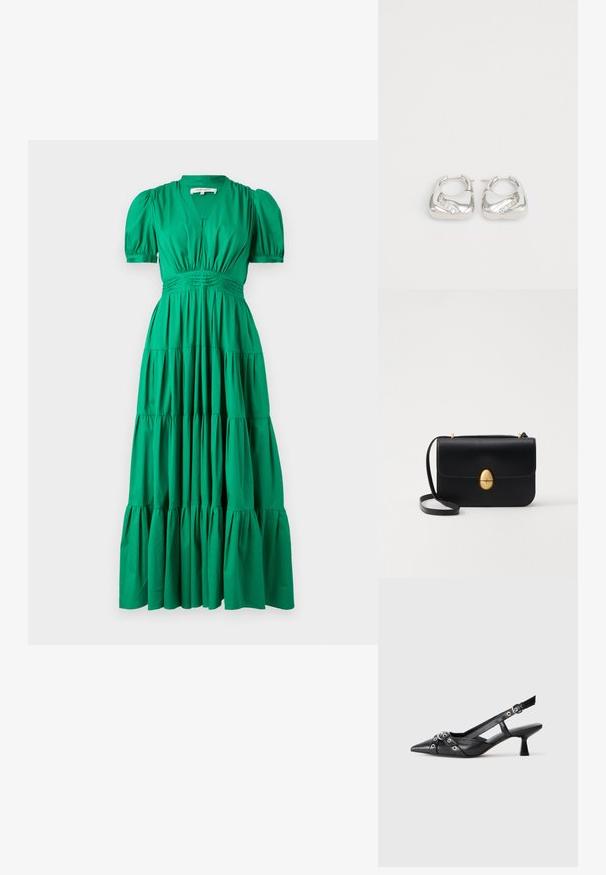 Grön maxi-klänning i lätt material, med korta puffärmar, V-ringning och lager med volanger längst ner, samt en figurnära kropp.; Svart lädersko med slingback-design, spetsig tå, dekorativa remmar med metallöglor och en låg klack. Texturerad yta.; Svart läderhandväska med en strukturerad rektangulär form. Har ett gyllene ovalt lås och ett tunt axelband. Slät textur.; Silverfärgade hoopörhängen med en slät, rundad design och en vågig accent med små, klara rhinestones längs en kant.