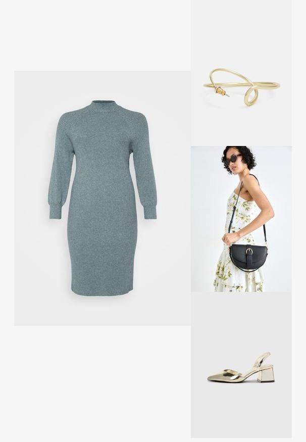 Ribota tumši tīrkīza trikotāžas kleita ar garām puff piedurknēm un augstu kakla izgriezumu, pielāgota piegriezuma, līdz ceļgaliem, ar teksturētu apdari, nav redzamu rakstu vai detaļu.; Zeltaini, metāla kurpes ar siksniņām, norakans purngalis un masīla papēdis. Gluda tekstūra, minimālisma dizains un šaura siksna.; Melnas ādas rokassoma ar izliekta formu, noņemamu siksnu un zelta aksesuāriem. Somai ir vāciņš ar sprādzes detaļu.; Zelta krāsas metāla aproce ar šķidrām, viļņveidīgām formām. Vienā galā ir neliels, izteikts sudraba krāsas akcents.