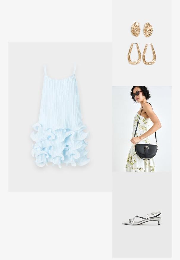 Vestido pregueado azul-claro com alças finas, apresentando uma bainha com babados e textura suave. Sem embellishments ou padrões adicionais.; Sandália slingback metálica prateada com um salto baixo, apresentando tiras entrelaçadas e uma textura suave. Design minimalista.; Bolsa de couro preta com forma curva, alça destacável e detalhes em dourado. A bolsa possui uma aba com detalhe de fivela.; Brincos em tom de ouro com formas onduladas e texturizadas. Inclui studs escultóricos com presilha e um design de argola aberta com um acabamento martelado.