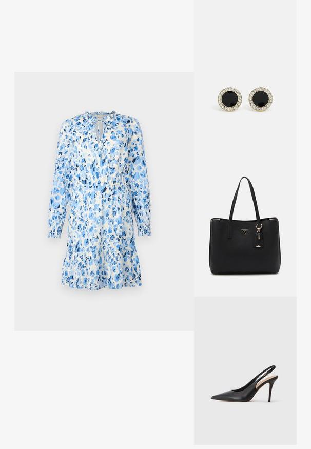 Rochie florală albastră dintr-un material ușor, cu mâneci lungi, decolteu tip cheie și talie strânsă, având fustă evazată.; Pantofii cu toc înalt din piele neagră, cu vârf ascuțit, textură netedă și o curea delicată cu o cataramă metalică.; Geantă tote neagră din material sintetic texturat, având două mânere, un placaj cu logo auriu și un etichetă mică cu un detaliu de accent.; DKNY INLAY STUD - Cercei - black/gold-coloured