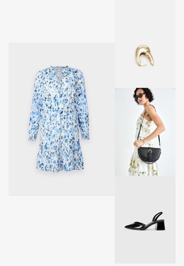 Blaues Blumenkleid aus leichtem Material, mit langen Ärmeln, einem Schlüsselloch-Ausschnitt und einer gerafften Taille mit einem ausgestellt Rock.; Schwarze Lackleder-Slingback-High Heels mit spitzem Schuh und einem geometrischen Blockabsatz. Verfügt über ein schlankes, minimalistisches Design und eine glatte Textur.; Schwarze Lederhandtasche mit geschwungener Form, abnehmbarem Tragegurt und goldenen Beschlägen. Die Tasche verfügt über einen Deckel mit einer Schnallen-Details.; Ohrringe aus goldfarbenem Metall mit einem schlanken, geschwungenen Design. Sie verfügen über eine markante, spitze Form, eine polierte Oberfläche und einen Scharnierverschluss.