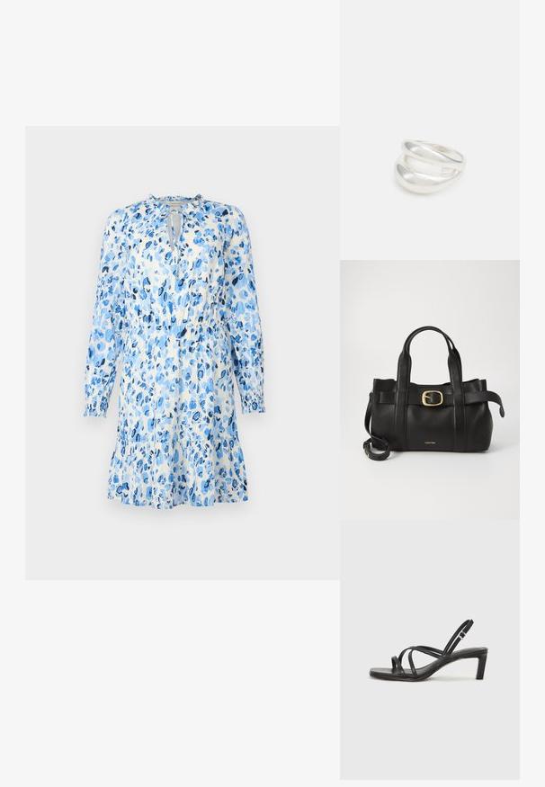 Mėlyna gėlių suknelė iš lengvos medžiagos, su ilgomis rankovėmis, rakto skylutės iškirpte ir susiraukšlėta liemeniu bei platėjančia sijona.; Juodi šlepetės su kvadratiniu pirštu ir žemu bloku kulnu. Yra keli ploni dirželiai ir reguliuojamas kulkšnies diržas. Pagaminti iš lygios odos.; Juodas odinis rankinės maišas su struktūrizuotu dizainu, dviem viršutinėmis rankenomis, auksinės spalvos sagtimi ir iškilniu prekės ženklu priekyje.; Sidabrinis dvigubas žiedas su lygiu, poliruotu paviršiumi. Pasižymi sklandžiu, kreiptu dizainu su persipinančiomis dalimis, suteikiančiomis modernų išvaizdą.