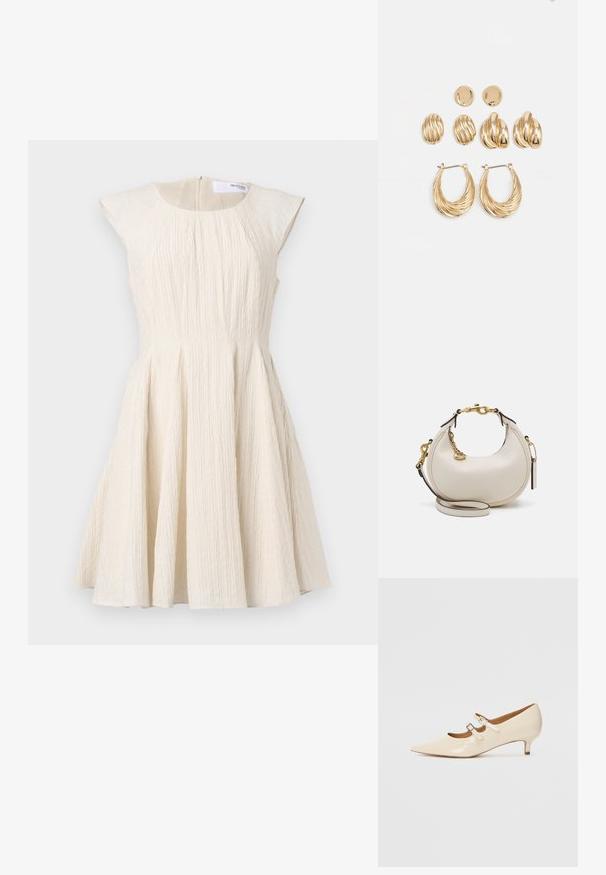 Tekstuirana haljina krem boje s prilagođenim korzetom, kratkim rukavima i lepršavom suknjom, s naborima i zatvaranjem na leđima.; Bež lakirane Mary Jane cipele s dva podesiva kopčanja, šiljastim vrhom i niskom petom. Glatka tekstura s sjajnim završetkom.; Kremavna kožna torba u obliku polumjeseca, zlatni detalji, crni akcenti i uklonjiva naramenica. Ima lančani detalj i oznaku.; Zlatni naušnice set koji se sastoji od tri para: teksturirane ovalne naušnice na zakovicu, naušnice valovitog dizajna i velike naušnice u obliku obruča s slojevitim izrezima.