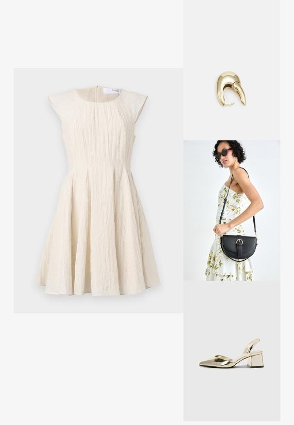 Teksturirana obleka v kremni barvi s tesno prilegajočim korzetom, kratkimi rokavi in razširjenim krilom, ki vsebuje gube in zadrgo na hrbtu.; Zlati, kovinski slingback čeveljci z ostrim nosom in masivnim peto. Gladka tekstura, minimalistična zasnova in ozka zanka.; Črna usnjena torbica s ukrivljeno obliko, z odstranljivo naramnico in zlatimi dodatki. Torbica ima pokrov s podrobnostmi v obliki zaponke.; Uhane nakit iz zlatastega tona z gladko, ukrivljeno zasnovo. Ima edinstveno koničasto obliko, polirano površino in zaponko s tečajem.