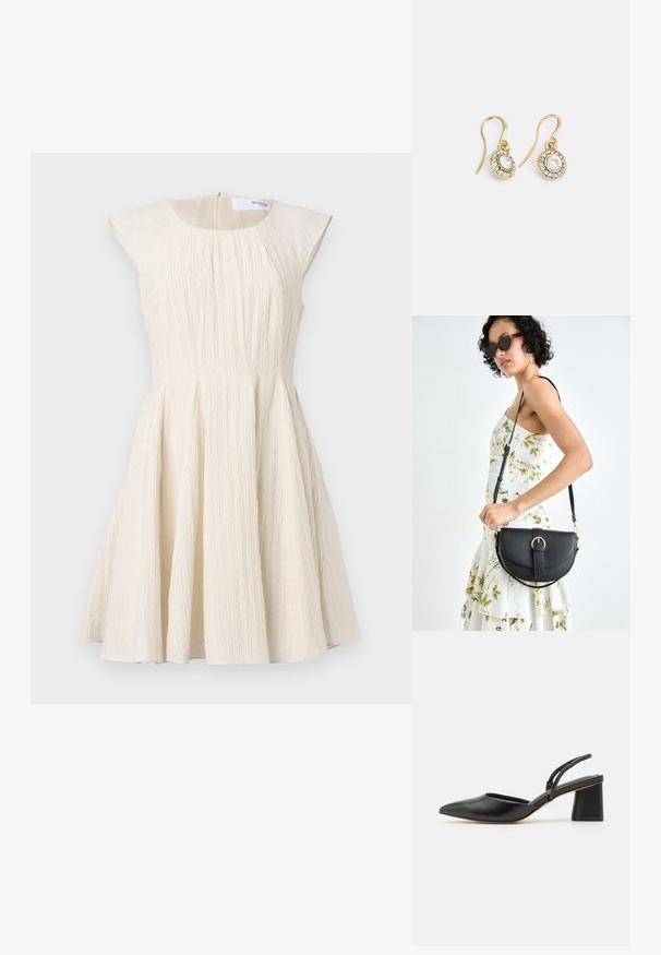Texturované šatové šaty v krémové barvě s přiléhavým živůtkem, rukávy po kapkách a rozšířenou sukní, obsahující záhyby a zip na zadní straně.; Černá lodička s špičatou špičkou a zpevněným podpatkem vyrobená z hladké kůže, s nízkým blokovým podpatkem a tenkými pásky na zadní straně pro bezpečné uchycení.; Černá kožená kabelka s křivkovým tvarem, odnímatelným popruhem a zlatými detaily. Kabelka má klopu s přezkou.; Náušnice ve zlatém tónu s oválnými průhlednými krystaly obklopenými menšími průhlednými kameny, se zapínáním na háček pro bezpečné nošení.