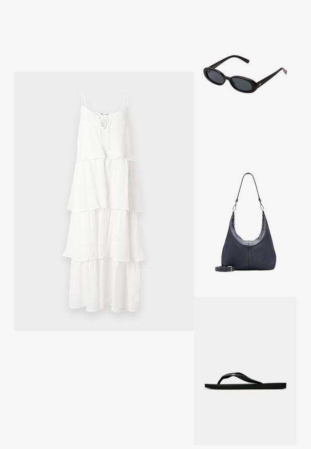 Abito bianco a strati realizzato in tessuto testurizzato, con sottili spalline a spaghetto e dettaglio con fiocco al colletto.; Infradito in gomma nera con cinturino testurizzato e suola piatta semplice, mostrati di lato su uno sfondo chiaro e uniforme.; Occhiali da sole neri oversize con lenti ovali, montatura in plastica liscia e accenti dorati sulle tempie. Le lenti scure offrono protezione dal sole.; Borsa a spalla in pelle blu scuro con tracolla rimovibile, chiusure in argento e discreto dettaglio del logo verticale al centro anteriore.