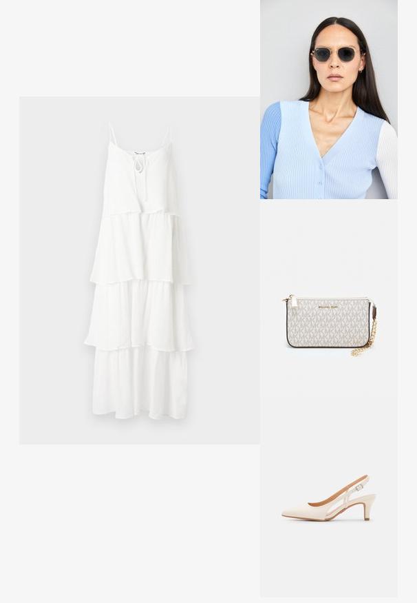 Abito bianco a strati realizzato in tessuto testurizzato, con sottili spalline a spaghetto e dettaglio con fiocco al colletto.; Slingback bianco con punta affusolata, materiale superiore liscio, tacco basso a blocco e design con ritagli laterali, dotato di cinturino regolabile con fibbia.; Occhiali da sole rotondi con lenti scure e montatura dorata. Il modello indossa un cardigan leggero azzurro a costine con bottoni e maniche bianche a contrasto.; Wristlet Michael Kors in tela rivestita beige con motivo a logo MK ripetuto, hardware dorato e tracolla a catena staccabile.