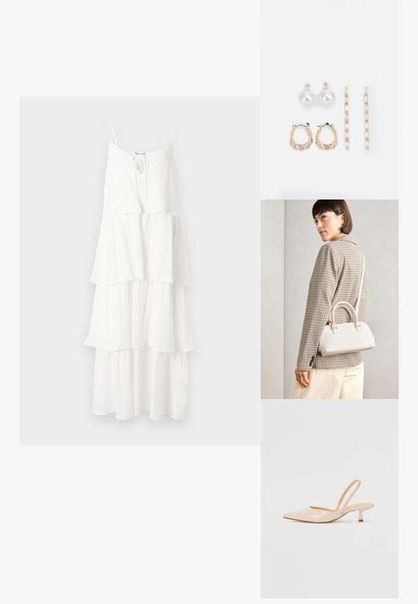 Rochie albă, în straturi, realizată dintr-un material texturat, având bretele subțiri și un detaliu cu fundă la decolteu.; Pantofi cu toc slingback din piele patent bej, cu vârf ascuțit și toc subțire, pătrat. Textură netedă și design minimalist, fără detalii decorative.; Geantă structurată albă, cu mânere scurte și curea de umăr, având accente din metal aurit și material texturat, expusă pe un fundal gri.; Trei perechi de cercei: cercei cu perle albe mari, cercei tip cerc din aur cu pietre clare și două cercei lungi, drepți, din aur cu detalii strălucitoare.