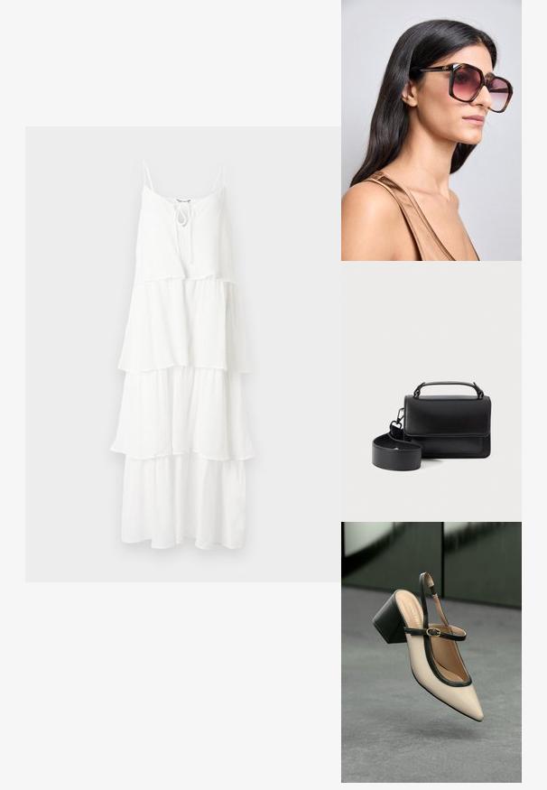 Weißes, schichtweise geschnittenes Kleid aus strukturiertem Stoff, mit dünnen Spaghettiträgern und einem Bindeband am Ausschnitt.; Beige Slingback-Schuh mit spitzer Zehenpartie, schwarzer Umrandung, goldener Schnalle und dicker Blockabsatz auf grauem Boden vor dunklem grünen Hintergrund.; Große, quadratische Sonnenbrillen mit einem braunen Schildpatt-Rahmen und einem Farbverlauf in Rosa für die Gläser. Mit einem goldenen Logo-Akzent am Bügel.; Schwarze Lederhandtasche mit einem oberen Griff und abnehmbarem Schulterriemen, rechteckiger Form und minimalistischem Design, ohne sichtbare Hardware-Accents.