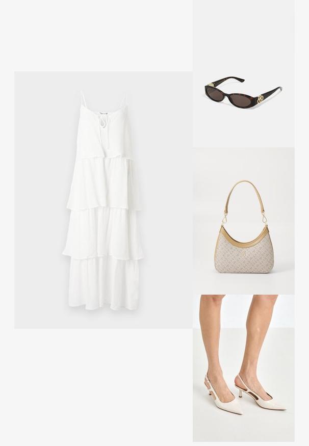 Witte, gelaagde jurk van gestructureerde stof, met dunne spaghettibandjes en een strikdetail bij de halslijn.; Beige gepatineerde leren slingback hakken met een spitze neus en een hak van 5 cm, met uitsparingen aan de zijkanten en een dunne enkelband.; Schildpadbril met langwerpige ovale lenzen, bruine tint, gouden logo-accenten op de pootjes en slanke zwarte armen.; Beige handtas met een patroon en een gebogen vorm, leren accenten en een goudkleurig logo aan de voorkant. Beschikt over een kort handvat voor gemakkelijk dragen.; Parel- en kristallen ketting met een ronde, gehaakte ontwerp in lichte tinten, met afwisselend parels en sprankelende accenten, gedragen om de hals.