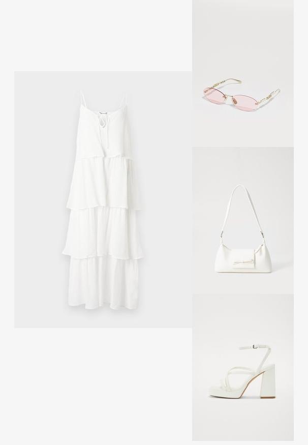 Fehér, réteges ruha texturált anyagból, vékony spagetti pántokkal és megkötős részlettel a nyaknál.; Fehér platform szandál vastag tömbsarkúval, több vékony pánttal és állítható bokapánttal. Simító szintetikus anyag.; Gucci Napszemüvegek - gold-coloured/pink; Fehér szintetikus kézitáska, háromszög alakú, lapos előlap, masni részlettel, állítható pánttal, sima textúrával és minimalista dizájnnal.