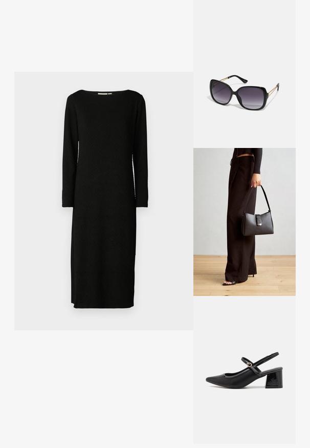 Must värviga pikkade varrukatega kleit tekstuurse mustriga, paadi kaelusega ja sirge lõikega, ulatudes põlveni. Pole nähtavaid kinnitusi ega dekoratsioone.; Mustad läikivad nahast slingback-kõrged kontsad, millel on terav nina, ümar lõikekujundus ja blokknina. Omab kuldset nupu aktsenti.; Mustad ümarad päikeseglaasid, millel on gradient objektiivid, paksud raamid ja kuldse tooni kettaga kaunistused tempelitel.; Must musta kott, millel on struktureeritud kuju, sile tekstuur ja metallist klamber. Kombineeritud laiate mustade pükstega ja avatud varvaste sandaalidega puidust põrandal.