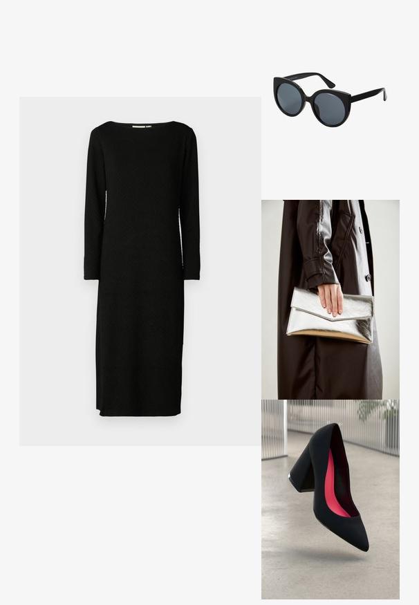 Schwarzes langärmeliges Kleid mit strukturiertem Muster, Boot-Ausschnitt und geradem Schnitt, der unter das Knie reicht. Keine sichtbaren Verschlüsse oder Verzierungen.; Schwarzer High Heel Schuh mit spitzer Zehe, strukturiertem Obermaterial und lebhaftem pinken Innenraum. Verfügt über einen dicken Absatz mit silberner Akzentuierung.; Schwarze übergroße Sonnenbrille mit Katzenaugenform, dunkel getönten Gläsern und glänzendem Kunststoffrahmen. Verfügt über dicke Bügel für Unterstützung.; Silberner metallischer Clutch mit einem eckigen Umschlagdesign, glatter Textur und kontrastierender Innenfarbe, gehalten in einer Hand, die einen schwarzen Mantel trägt.