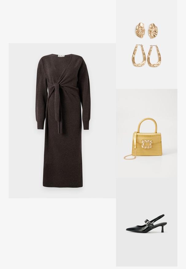 Barna kötött ruha hosszú ujjakkal, átkötős kialakítással, elülső csomóval és bordás mandzsettával, amely a vádli közepéig ér.; Fekete lakkbőr slingback sarkú cipők hegyes orral és kis blokk talppal, ezüst csat díszítéssel a pánton.; Sárga műbőr krokodil mintás kézitáska strukturált kialakítással, felső fogantyúval, leválasztható lánccal és díszes kristály díszítéssel a záron.; Aranyszínű fülbevalók, texturált, hullámos formákkal. Tartalmazza a szobrászati klipszes studokat és az open hoop kialakítást, kalapácsos felülettel.