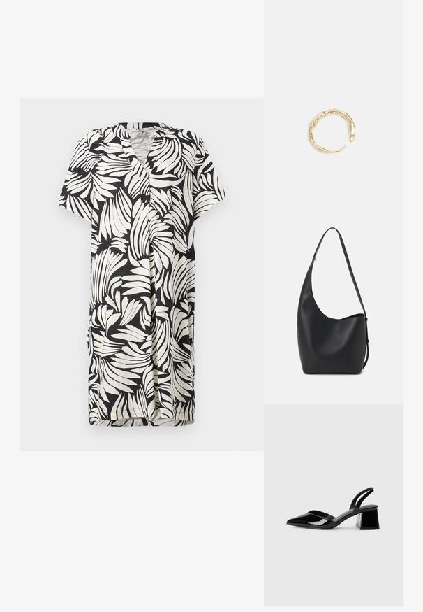 Kratke rukave haljina s V-izrezom, koja se ističe crno-bijelim uzorkom lišća na laganom materijalu, dugmadi za zatvaranje i opuštenim krojem.; Crne lakirane kožne sandale s otvorenom petom i špicastim vrhom, s geometrijskom blok petom. Imaju elegantan, minimalistički dizajn i glatku teksturu.; Crna kožna hobo torba s glatkom teksturom, zakrivljenim oblikom i jednom podesivom trakicom; ima širok otvor na vrhu.; Prsten u zlatnoj nijansi s organskim, uvijenim dizajnom, glatkom teksturom i suženim krajevima, koji stvara moderan, skulpturalni izgled.