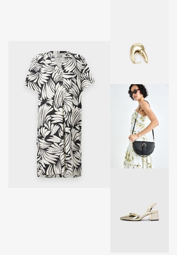 Kleita ar īsām piedurknēm un V-veida kakla izgriezumu, ar melnbaltu lapu rakstu vieglā audumā, pogu aizdari un brīvu piegriezumu.; Zeltaini, metāla kurpes ar siksniņām, norakans purngalis un masīla papēdis. Gluda tekstūra, minimālisma dizains un šaura siksna.; Melnas ādas rokassoma ar izliekta formu, noņemamu siksnu un zelta aksesuāriem. Somai ir vāciņš ar sprādzes detaļu.; Zeltīti metāla auskari ar gludu, izliekta dizaina. Ar atšķirīgu smailu formu, pulētu virsmu un eņģu aizdari.