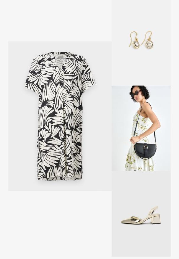 Kratka obleka s kratkimi rokavi in V-izrezom, okrašena z vzorcem črnih in belih listov na lahkotni tkanini, z gumbnim zapiranjem in ohlapnim krojem.; Zlati, kovinski slingback čeveljci z ostrim nosom in masivnim peto. Gladka tekstura, minimalistična zasnova in ozka zanka.; Črna usnjena torbica s ukrivljeno obliko, z odstranljivo naramnico in zlatimi dodatki. Torbica ima pokrov s podrobnostmi v obliki zaponke.; Zlato obarvani uhani z ovalnimi prozornimi kristali, ki jih obdajajo manjši prozorni kamenčki, s sistemom za oblačenje za varno nošenje.