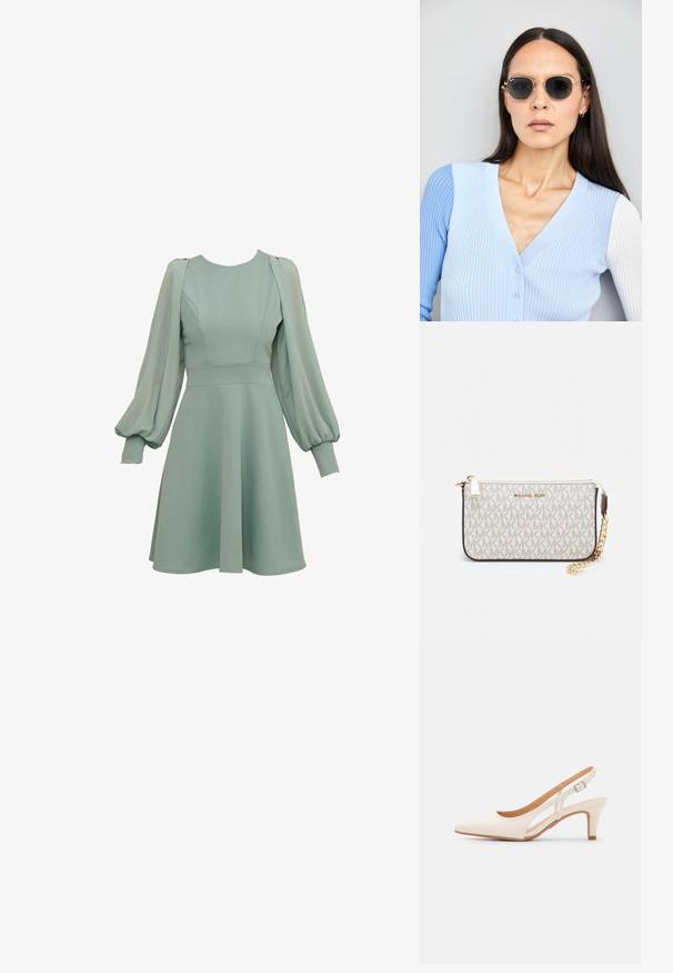Mintgrønn kjole med ballongsleeves, tettsittende liv, og utsvingt skjørt. Laget av glatt stoff, med subtile sømmer og mansjetter.; Hvit slingback-hel med spiss tå, glatt overmateriale, lav blokkhelt, og cut-out-design på siden med justerbar spenne.; Runde solbriller med mørke linser og guldrammer. Modellen har en lyseblå, ribbet cardigan med knapper og kontrast hvide ærmer på.; Michael Kors håndleddsveske i beige belagt kanvas med et gjentakende MK-logo mønster, gullfarget maskinvare og en avtakbar kjede-rem.