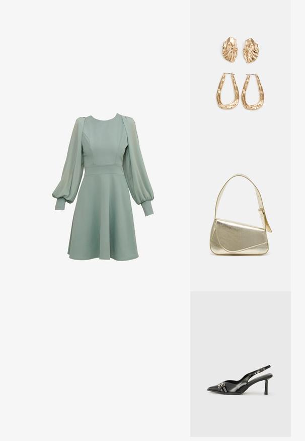 Mint green dress with balloon sleeves, fitted bodice, and flared skirt. Made of smooth fabric, featuring subtle seams and cuffs.; Musta patenttinen nahkainen slingback-kengät, joissa on terävä nenä, nilkkahihnat hopeisilla soljilla ja varusteilla sekä hoikka korko.; Kultainen metallinen käsilaukku, jossa on jämäkkä muotoilu, sileä pinta ja säädettävä olkahihna. Sisältää ainutlaatuisen kolmiomaisen muodon ja minimalistisen tikkaustyylin.; Korukultainen korvakorut, joissa on teksturoituja, aaltoilevia muotoja. Mukana on veistokselliset klipsikorvakorut ja avoin rengasmalli, jossa on vasaroitu pinta.